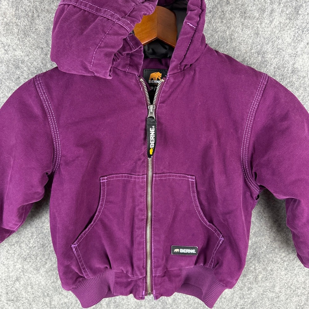 Berne Jacket Kids XS Purple Plum Hooded Cotton Duck Workwear Canvas Coat Youth